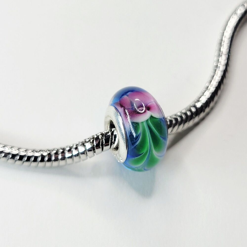 NWT! For Pandora Charm Bracelet 925 Sterling Silver Murano Glass Flower Bead